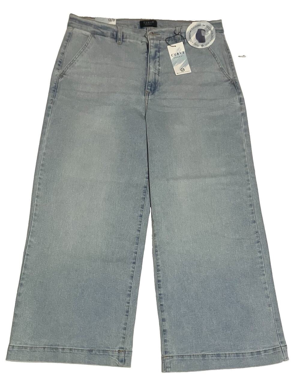 Womens Curve Appeal Long Crop 7/8 Jeans High Rise Wide Leg Light Wash 12/31